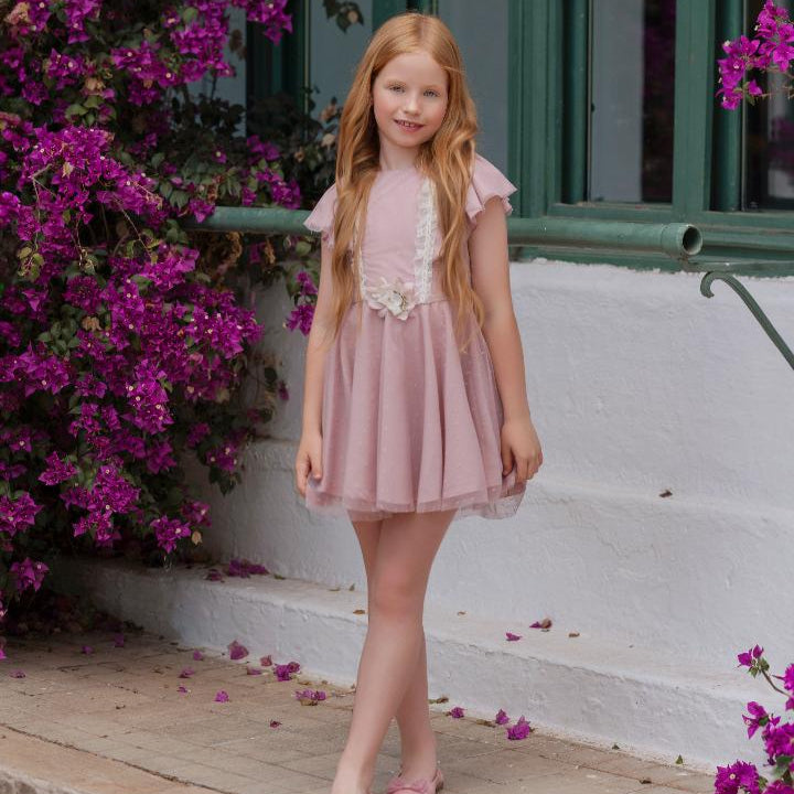 Vestido niña rosa con gasa y flores Miranda