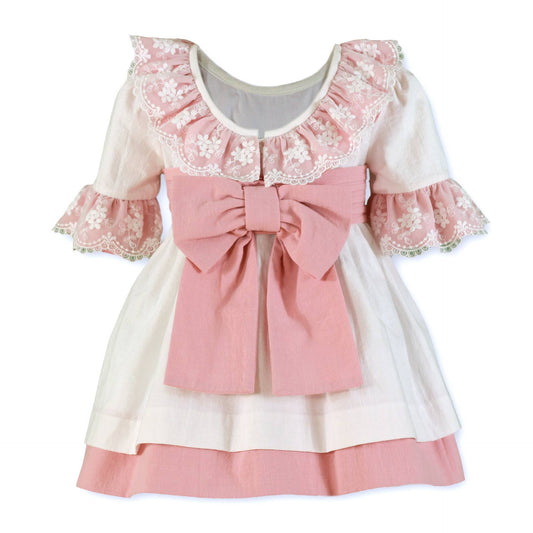 Vestido niña Rosa Palo y blanco encaje - Miranda
