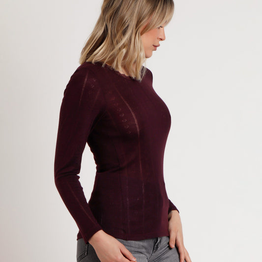 Camiseta berenjena manga larga canalé - Admas