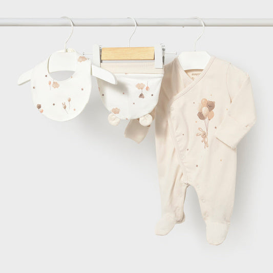 Set de pelele, gorro y babero Ositos Beige - Mayoral