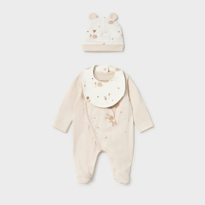 Set de pelele, gorro y babero Ositos Beige - Mayoral