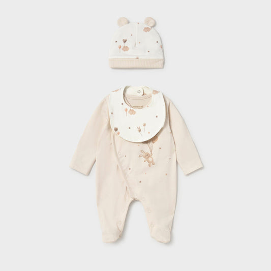 Set de pelele, gorro y babero Ositos Beige - Mayoral