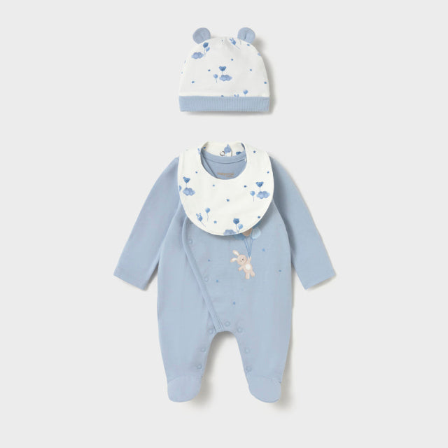 Set de pelele, gorro y babero Ositos Celeste - Mayoral
