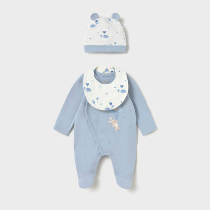 Set de pelele, gorro y babero Ositos Celeste - Mayoral