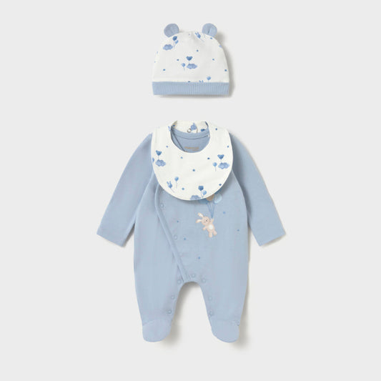 Set de pelele, gorro y babero Ositos Celeste - Mayoral