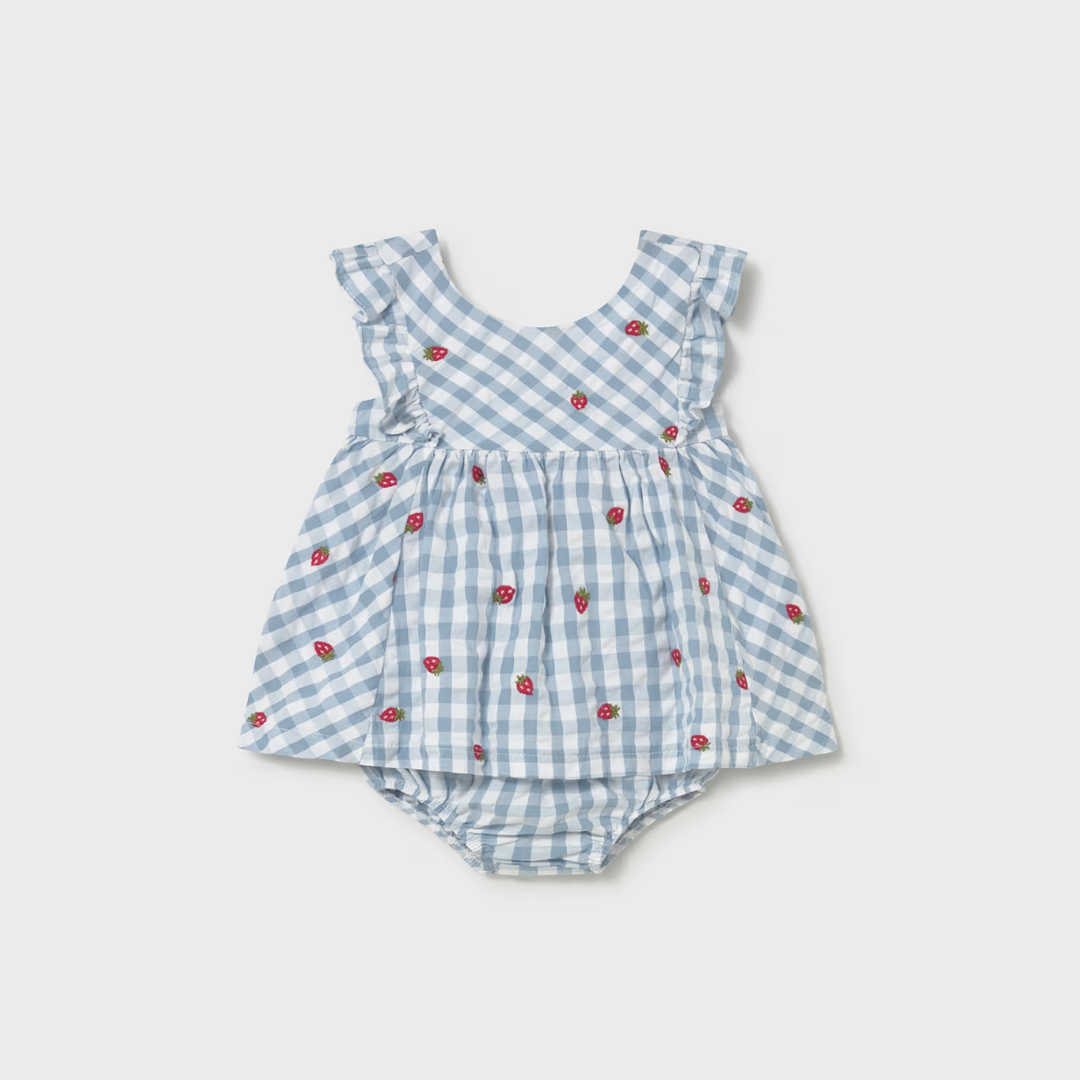 Vestido con cubrepañal Vichy Fresas - Mayoral