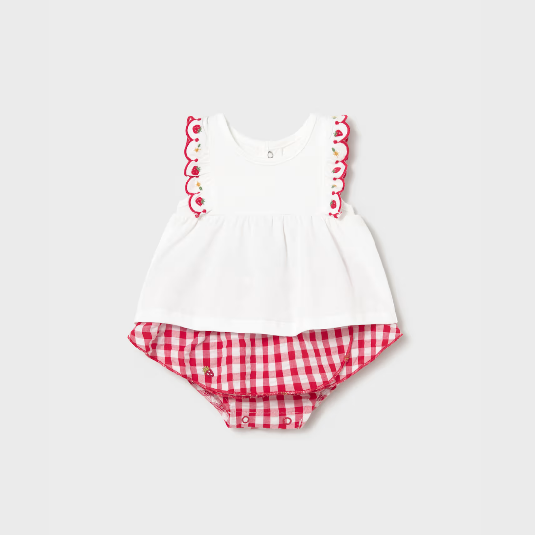Conjunto con cubrepañal Vichy Fresas - Mayoral