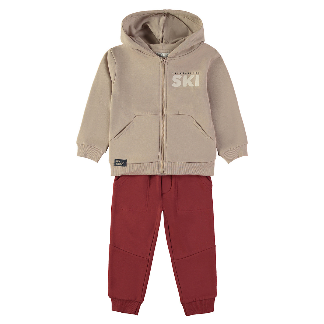 Conjunto Sudadera con Capucha Beige y Pantalón Burdeos – Babybol