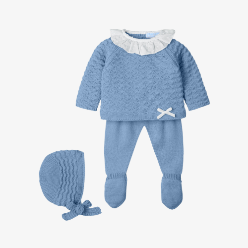 Traje 3P Canesú cuello plumeti Liberty Pastel azul - Mac Ilusión