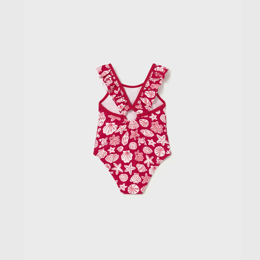 Bañador bebé estampado volante Conchas rojas  - Mayoral
