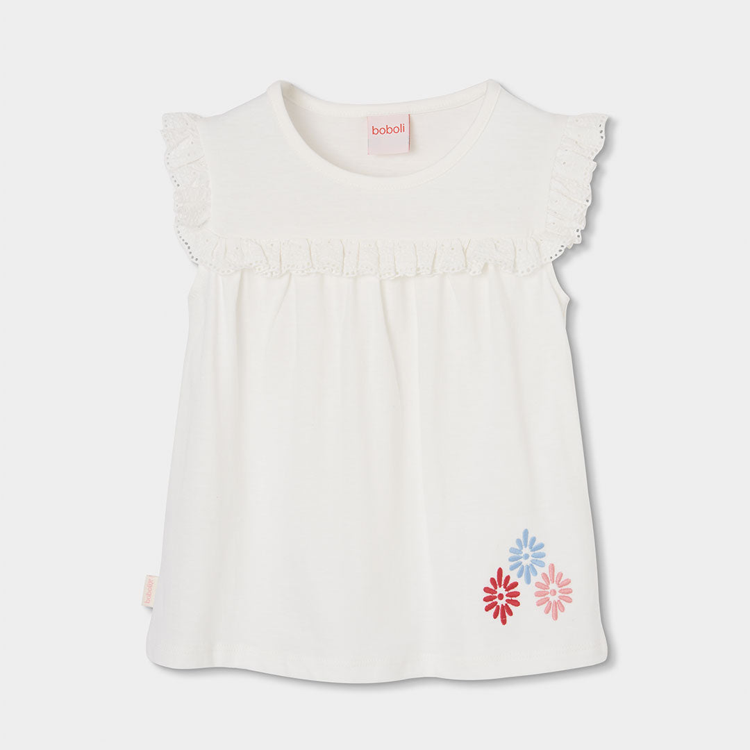 Camiseta niña algodón blanca bordado flores - Boboli