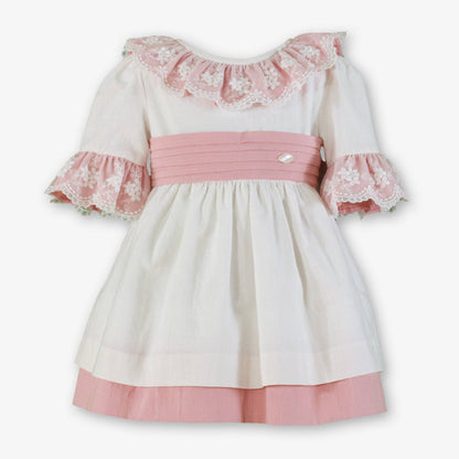Vestido niña Rosa Palo y blanco encaje  - Miranda