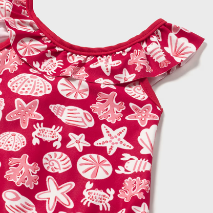 Bañador bebé estampado volante Conchas rojas  - Mayoral