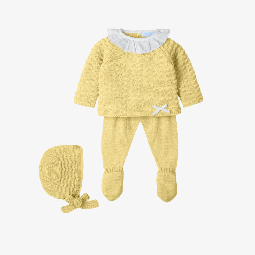 Traje 3P Canesú cuello plumeti Liberty Pastel amarillo - Mac Ilusión