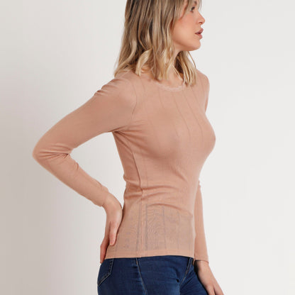 Camiseta beige manga larga canalé - Admas