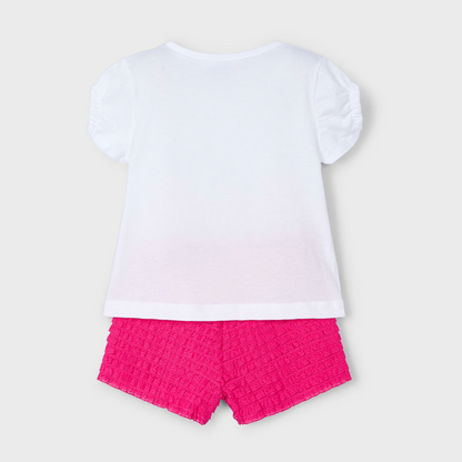 Conjunto magenta pantalón corto fantasía y camiseta niña Mayoral